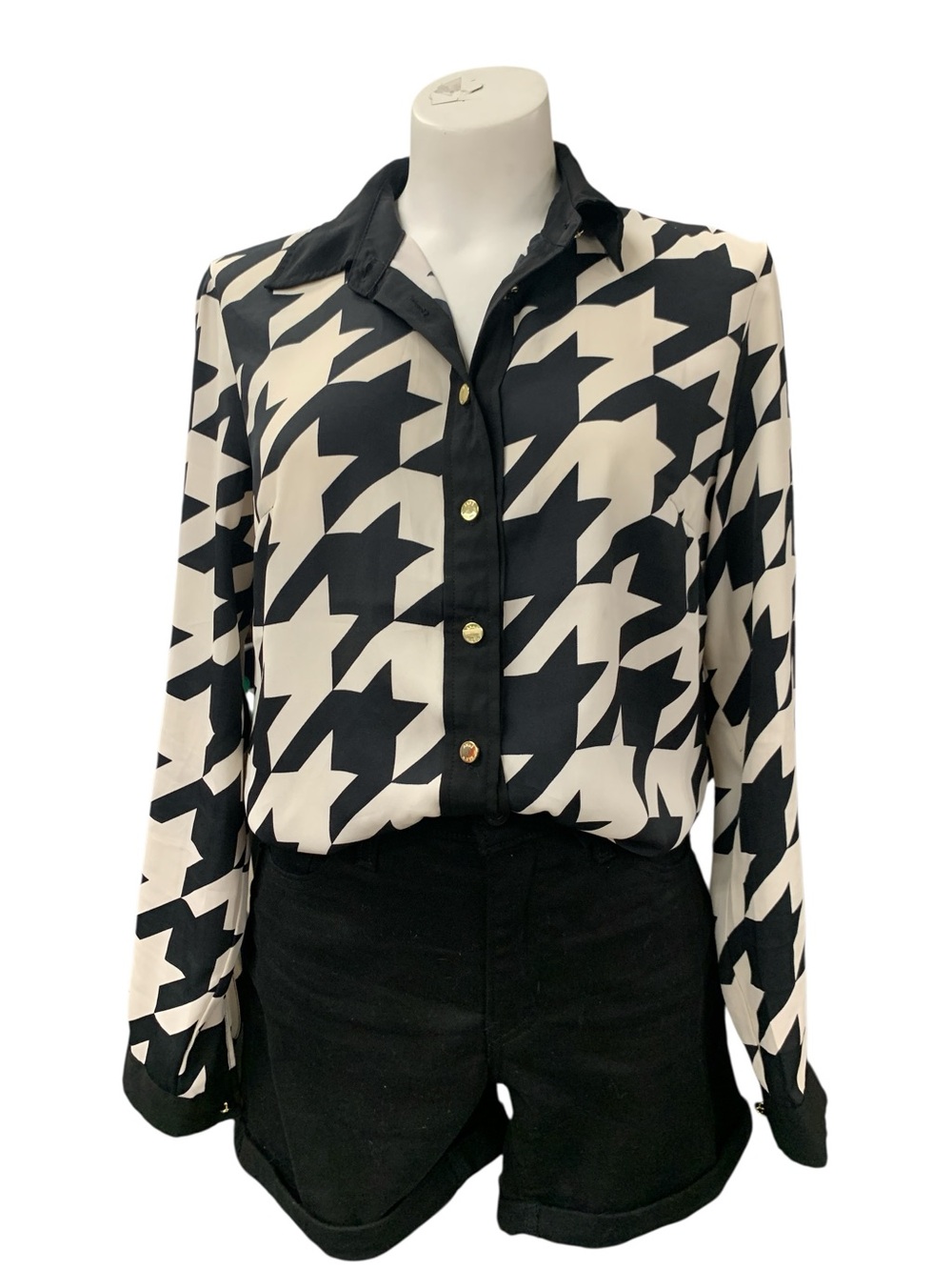 Anne Klein Black and White Houndstooth Button-Down Shirt Size S